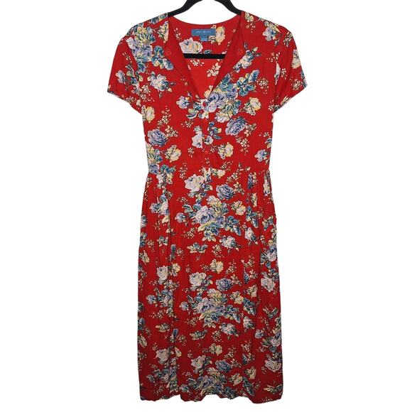 April Cornell Midi Dress Floral Cottage Large Blue Roses 40s Pintuck Pleat - Picture 1 of 13